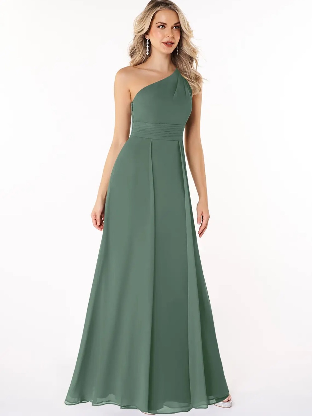 One-Shoulder Olive Green A-Line Dress - Picture 6 of 7